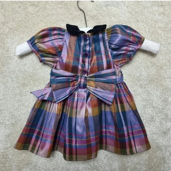 Next Toddler Dress 3-6 Months Check Tafetta With Velvet Collar Vintage Style - Picture 3 of 8